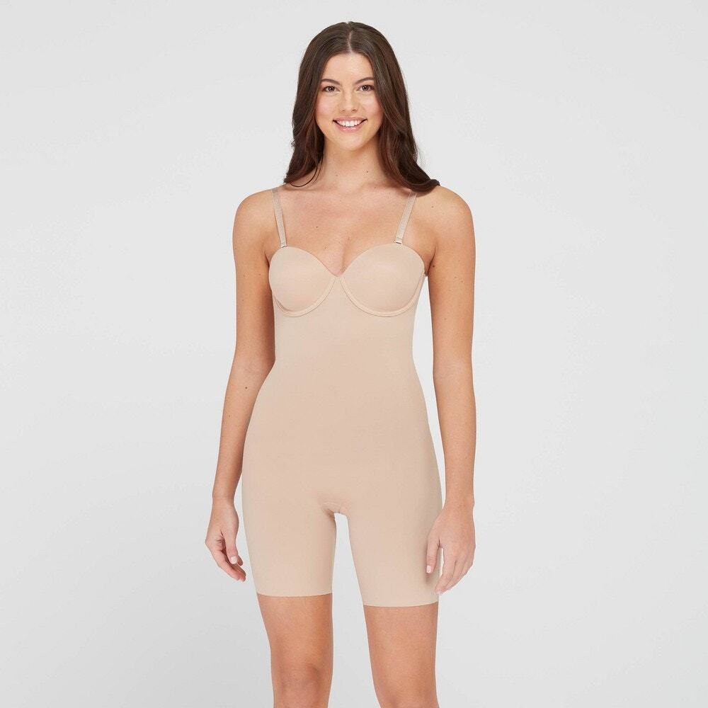 NWT ASSETS by SPANX Women's Flawless Strapless Cupped Midthigh Bodysuit,Beige- L